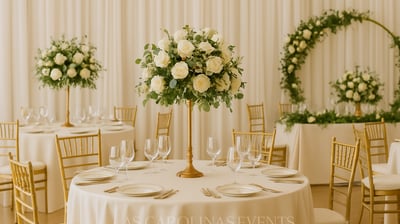 Luxury event planning setup with round tables, white linens, golden Chiavari chairs, and floral centerpieces in an elegant se