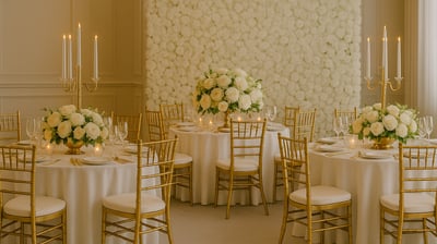 Luxury event decor featuring elegant floral arrangements, gold candelabras, and sophisticated table settings by Las Carolinas