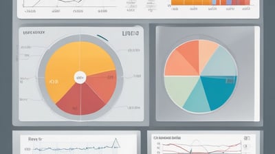 An abstract, pastel-colored, 3D-rendered representation of data analysis and search engine optimization (SEO). The image features a computer interface with various analytics symbols, including a magnifying glass, bar charts, pie charts, and a search bar with the text 'SEO'. Surrounding the interface are different objects such as a potted plant, a cup with a saucer, and a megaphone, all placed on a light green background.