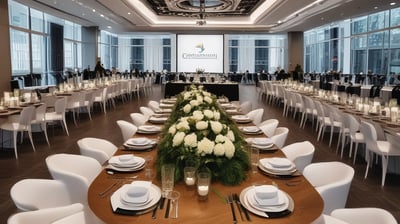 An outdoor event space is decorated with draped white fabric, tables, and chairs under a canopy. Green lighting illuminates the surrounding greenery, creating a vibrant atmosphere. Several people are visible in the background, suggesting a social gathering.