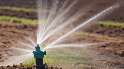 A blue agricultural irrigation valve is positioned prominently among lush green plants in a field. The equipment is connected to black pipes and sits on sandy soil, with several rows of plants extending into the background. The setting suggests an agricultural environment with green foliage under a clear sky.