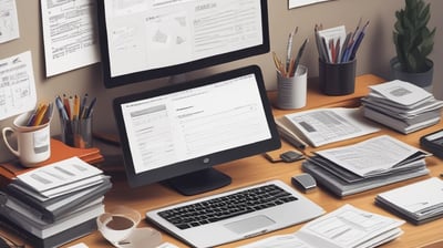 A set of tax forms and documents is placed neatly on a dark surface. There is a black coffee mug to the right of the documents, and a pen is resting on a folder. The scene suggests a workspace setting.