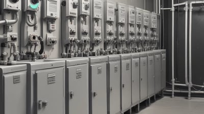 A section of a building exterior is visible, featuring a partially open utility panel revealing wiring and piping, likely for a water heater. Below, there's disturbed earth and scattered debris, including pieces of wood and a metal bowl. Coiled hoses and cables are seen on the grass nearby.