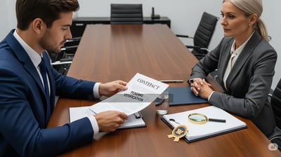 men holding a background verificationdocument and one women seating in front of men
