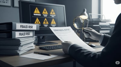 man holding a report and some books are there and FRAUD RISK IS WRITTEN ON IT