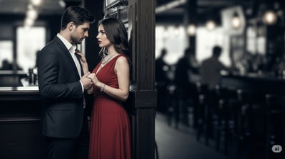 a man with black suit and women with maroon dress holding a hand each other