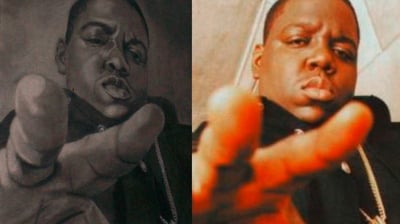 a man with a chain on his hand and a picture of a man with a