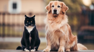 Katze und Hund sitzen nebeneinander