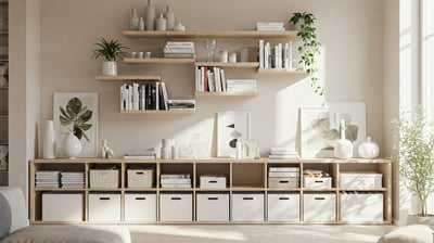 Salón moderno y ordenado con estanterías abiertas, cajas organizadoras, ambiente luminoso.