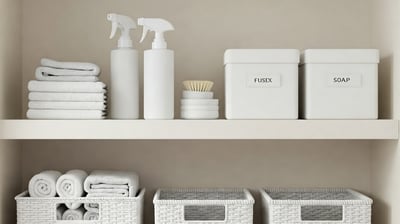Estantería minimalista con tres  organizadores modernos , un par de productos de limpieza 