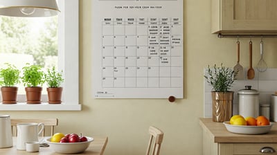 Calendario semanal visible en la pared de una cocina, con tareas de limpieza anotadas.