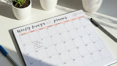 Planificador semanal y checklist impresos sobre una mesa ordenada.