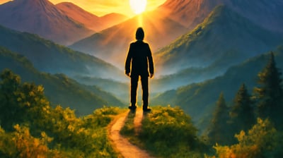 um homem parado em um caminho com uma montanha ao fundo