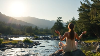 uma mulher sentada em uma pedra em um rio