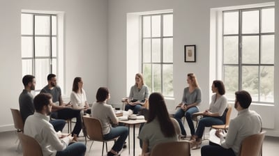 Several women are engaged in a yoga or workout session in a spacious room with large windows and a brick wall. They are wearing athletic clothing and are using yoga mats. The women appear focused and serene as they perform their exercises.
