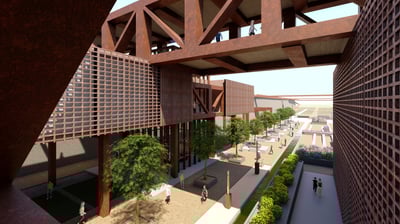 a view of a building with a bridge over it. Urban design in south Chicago. 