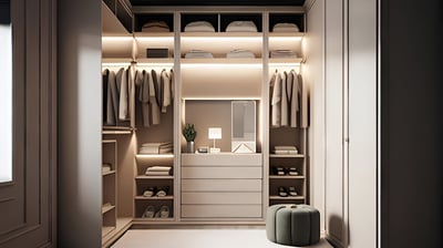 a closet with a dresser and a suitcase