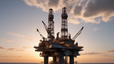 An industrial offshore oil platform featuring large, red structural components and intricate metal frameworks. The platform includes cranes, staircases, and multiple levels, with a beige-painted building section displaying numerous windows.
