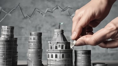 A large construction site with several elevated, rectangular concrete structures surrounded by scaffolding. Workers in safety gear are visible on the platforms. The background shows curved, tiered earthworks suggesting a large excavation or dam. There are shadows that cast a dramatic contrast over the scene.
