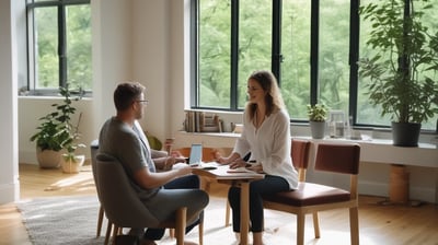 a man and woman sitting at a table with a laptop