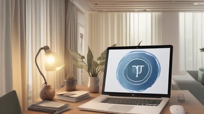 a laptop computer sitting on a table with a lamp