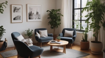 a living room with a couch, chairs, and a table