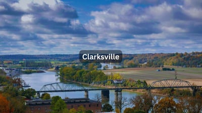 Aerial view of river and bridge in Clarksville Tennessee