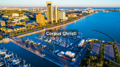 Aerial view and waterfront of downtown Corpus Christi Texas