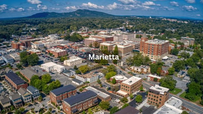 Aerial view of Marietta Georgia downtown and mountains