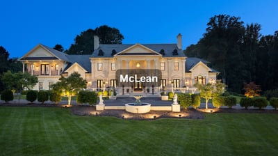 Stately tan brick mansion with ush landscaping in McLean Virginia