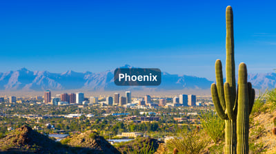 A vibrant desert with the Phoenix Arizona skyline and mountains