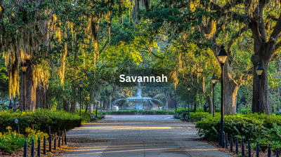 Scenic trees and fountain in Savannah Georgia