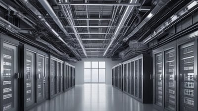 A corridor inside a data center with rows of server racks enclosed within glass panels. Overhead lighting brightly illuminates the area, and perforated floors suggest climate control measures.