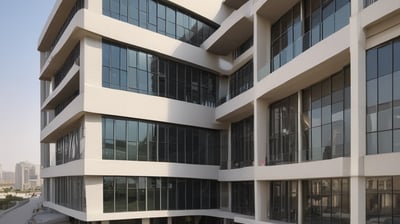 A modern two-story building under construction features a facade with large windows and a decorative wall covered in artificial greenery. Scaffolding is present in front of the building, indicating ongoing work. The structure has a clean, minimalist design with a combination of light gray and white tones.