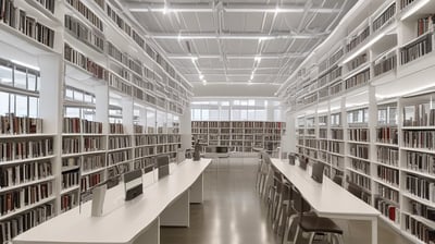 A warehouse with tall, orange metal shelving units filled with pallets wrapped in plastic. The floor is concrete, and overhead industrial lighting illuminates the space. The shelving reaches up to the ceiling, maximizing storage capacity with numerous boxes and items stacked neatly.