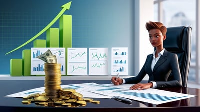 Financial growth with visuals like ascending graphs, stacks of coins.