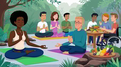 Depict individuals engaging in activities like yoga, meditation, or healthy eating.