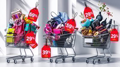 Showcase online shopping experiences, shopping carts filled with products, or digital discount tags.