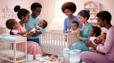 parents interacting with their babies, nursery setups, or essential baby products.​