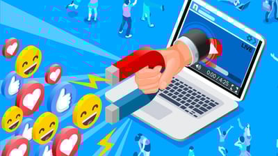 Uma mão saindo de uma tela e atraindo curtidas e sorrisos com um imã