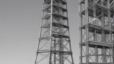 a couple of tall metal towers with a clock tower
