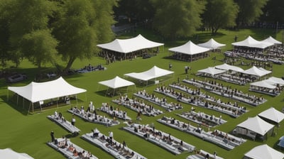 An outdoor event with numerous people practicing yoga on a green field, arranged in neat rows. A large screen on a building displays an instructor demonstrating yoga poses. Several white tents line the perimeter, and there are trees and urban structures in the background.
