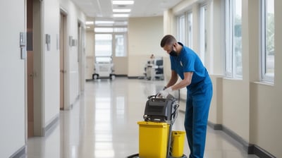 A person in a cleaning uniform is pushing a floor cleaning machine in front of a large wall made of blue-tinted glass blocks. The shadowed silhouette of another person is visible in the foreground, captured mid-step, creating a dynamic sense of motion.