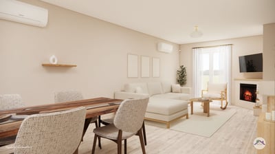 Salon moderne et minimaliste table epoxy meuble sur mesure cheminée