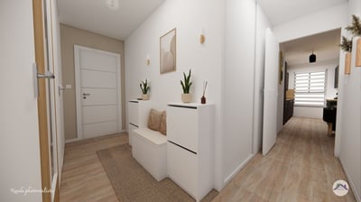 Entrée appartement avec meuble de rangement et décoration murale