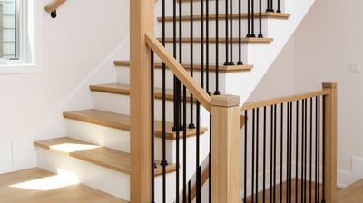 Elegant and modern stairs with wood rails and posts and iron balusters.