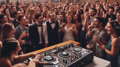 A DJ setup with a laptop and mixing console is positioned prominently in the foreground, set up on a stand. Behind it, a blurred background shows people sitting and standing under a large white tent adorned with string lights and greenery, suggesting an event or celebration.
