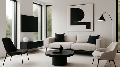 Modern living room with minimalist design, neutral tones, sleek furniture, abstract art, and large windows with natural light