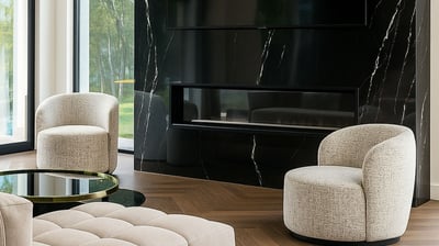 Contemporary living room with curved chairs and marble fireplace, by Solo Home Decor.