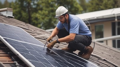 Solar panels are installed on a rooftop under a partly cloudy sky, capturing sunlight efficiently. The panels are aligned in neat rows, suggesting a modern approach to renewable energy.